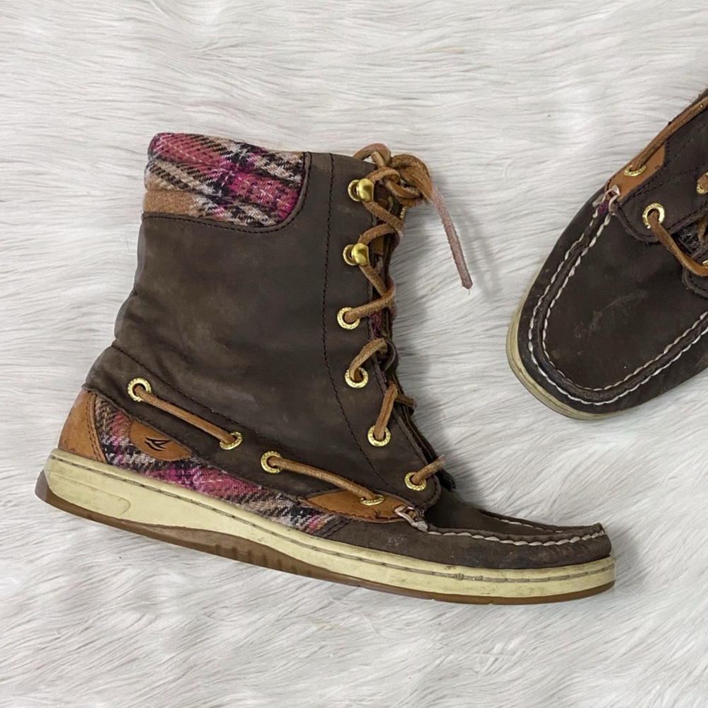 Sperry Brown Tan Pink Plaid Lace Up High Top Boat Shoes Hikerfish Boots
